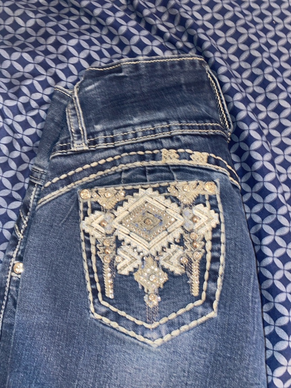 Embellished Dark Blue Boot Cut Jeans with Decorative Back Pocket